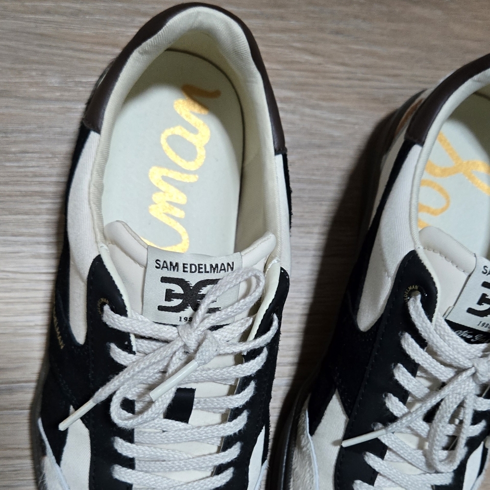 Sam Edelman Elthea Canvas Leather Cow Off White Black and Brown Sneakers Size 9 - Picture 4 of 13